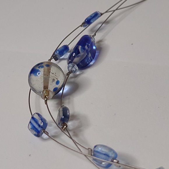Blue And Clear Glass Bead And Wire Necklace Adjustable 15.5 To 18 Inches Long - Picture 8 of 12